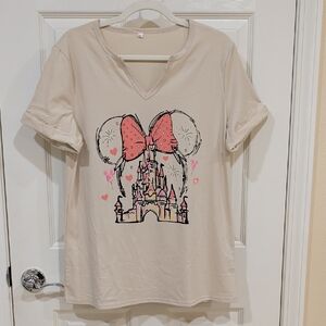 Beige Graphic T-Shirt with Castle and Bow Design
